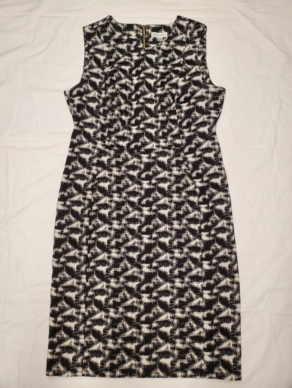 Calvin Klein Sheath Dress 14 Black White Ikat Jacquard Gold Back Zip Sleeveless